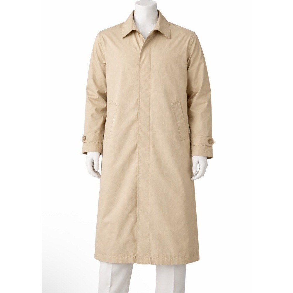 Vintage LL Bean Trench Rain Coat Mens Large Khaki Long Chin Strap Made USA 80s